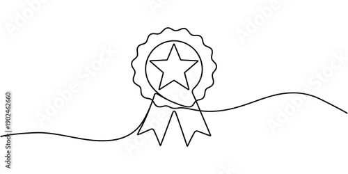 Single continuous line drawing of the best quality award badge with gold star winning medal illustration, Winning badge in one continuous line drawing. Symbol of a winner. Award winning ribbon minimal
