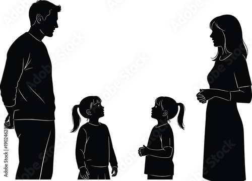 Black and White Vector Silhouette Illustration of a Happy Family Including Father Mother and Two Daughters for Parenting Lifestyle Branding