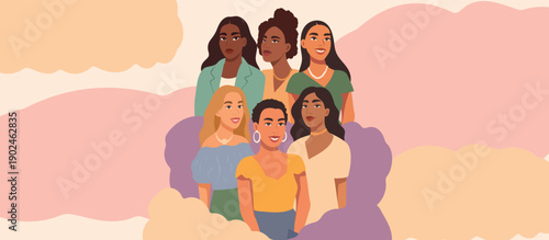 Vector horizontal banner with space for text for International Women's Day. Women of different cultures, nationalities stand together. For diversity, gender equality movements, women's empowerment