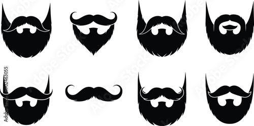 Set of black beard and mustache silhouettes with various facial hair styles and grooming icons isolated on white background for barbershops and men fashion