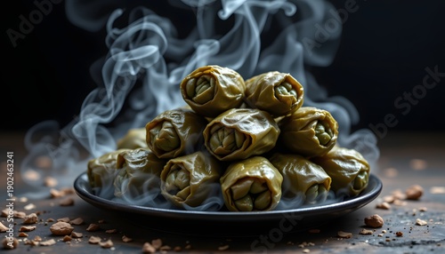 Dolma Delight: A visually captivating image of Dolma, a traditional dish, steamed to perfection, resting on a rustic plate. The steam adds a touch of freshness.