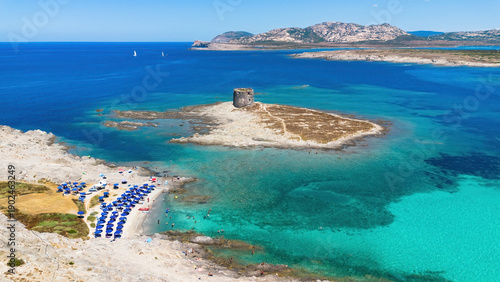 Tableau sur toile Aerial view of the historic Torre della Pelosa watchtower in Stintino, Sardinia,