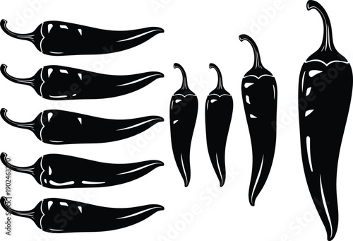 Set of black chili pepper silhouettes with spicy jalapeño and hot paprika vector icons isolated on white background for kitchen decor and food menus