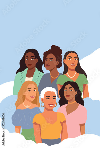Vector vertical banner for International Women's Day, March 8. Women of different cultures, nationalities stand together. Support of diversity, movement for gender equality, women's empowerment