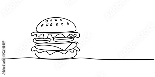 Minimalist one line drawing of a delicious classic hamburger with bun, patty, and toppings, perfect for modern fast food restaurant menus or digital promotional materials.