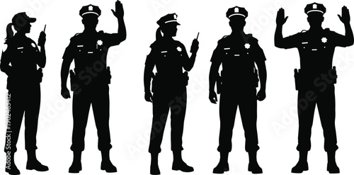 Set of black police officer silhouettes featuring male and female law enforcement agents with radios and handcuffs isolated on white background for public safety