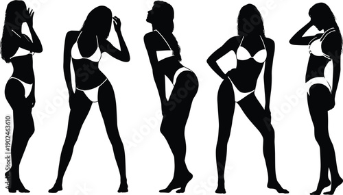 Sexy female bikini silhouettes, fashion model poses, summer swimwear beauty, black and white illustration