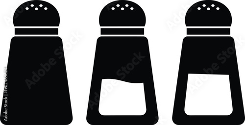 Set of black salt and pepper shaker silhouettes with various spice dispenser icons isolated on white background for kitchen decor restaurant menus and cooking