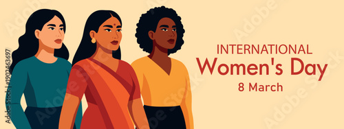 Vibrant horizontal vector banner for International Women's Day, March 8. Women of different cultures, skin colors, and nationalities unite. Diversity, gender equality, women's empowerment movements