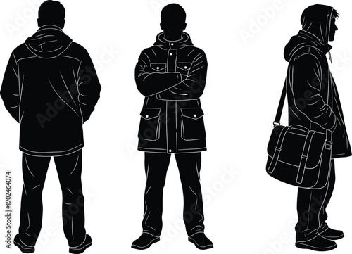 Set of black silhouettes featuring men in winter jackets and hooded parkas with messenger bag isolated on white background for seasonal fashion and outdoor apparel
