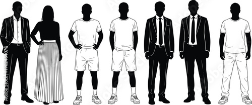 Set of black silhouettes featuring men and women in various casual and formal outfits including business suits t-shirts and skirts isolated on white background