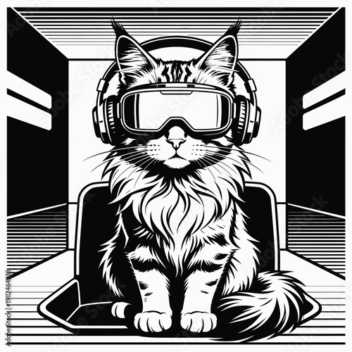 Cat wearing virtual reality goggles illustration.