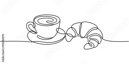 Breakfast with croissant and coffee drawn in one line style, One continuous line drawing croissant with coffee mug. Breakfast in simple linear style. Pastry Croissant. Vector illustration