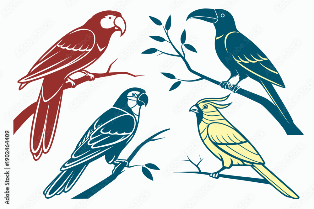 Fototapeta premium Perched Birds Silhouette Vector Illustration, Ornithology Design