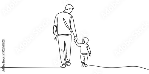 One continuous line drawing of Father and Daughter Walking Together, continuous one single black line art doodle drawing of Father and child walking hand in hand father day concept illustration, Happy