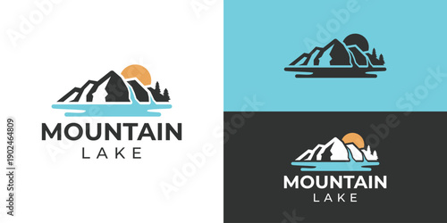 Creative simple mountain lake logo template. Mountain landscape sea lake river creek evergreen forest logo design vector illustration.