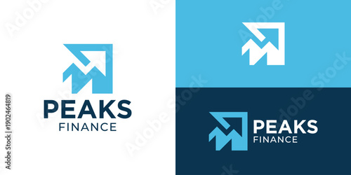 Creative simple peaks finance logo template. Abstract mountain with negative space arrow up logo design vector illustration.