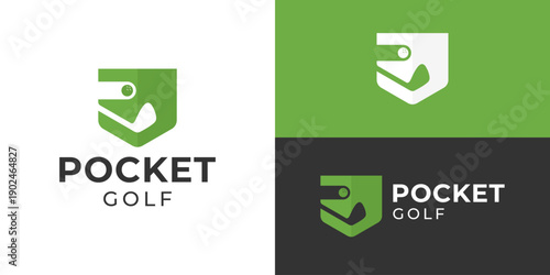 Creative simple pocket golf logo template. Pocket with golf stick and ball symbol mini golf logo design vector illustration.