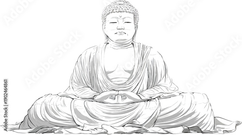Serene Buddha Statue in Meditative Pose, a Calming Spiritual Symbol. Hand-Drawn Line Art Illustration for Peace and Tranquility Concepts.