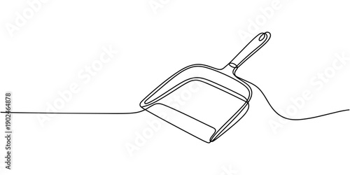one line art dustpan vector illustration. line art, one continuous line, simple, hand drawn and sketch style. for icons, symbols, signs or logos, Cleaning dustpan and brush in continuous one line art.