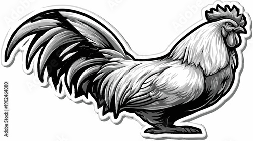 Majestic rooster illustration in black and white, farm animal drawing, detailed poultry vector art, vintage style hen sticker cutout