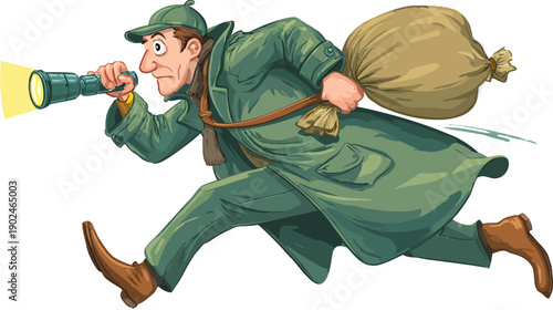 Cartoon man in a trench coat and hat running with a flashlight and a large sack, depicting a thief, detective, or investigation.