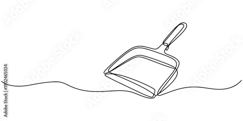 one line art dustpan vector illustration. line art, one continuous line, simple, hand drawn and sketch style. for icons, symbols, signs or logos, Cleaning dustpan and brush in continuous one line art.