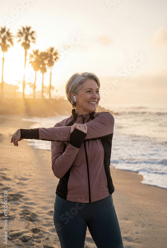 An elderly woman doing stretching exercises outdoors. An active, healthy lifestyle.