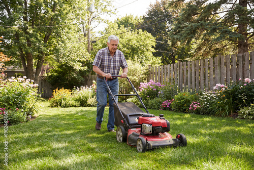 An elderly retired man mows the lawn at his country house
