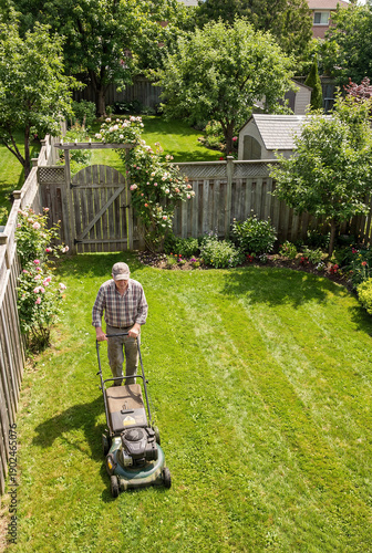 An elderly retired man mows the lawn at his country house