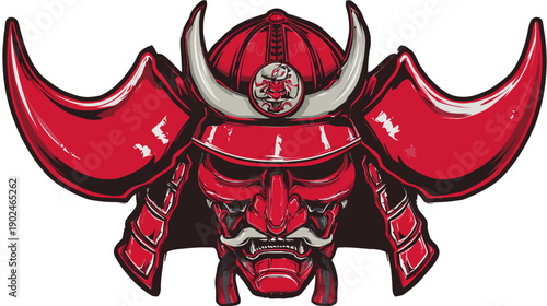 Fierce Red Samurai Helmet and Mask Illustration - Traditional Japanese Warrior Armor Vector Graphic