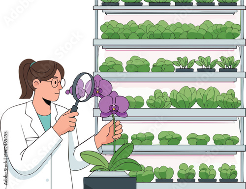 Scientist Examining Orchid with Magnifying Glass.