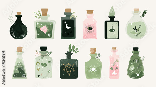 Whimsical collection of magical potions, elixirs, and enchanting spell bottles with mystical symbols and herbs.