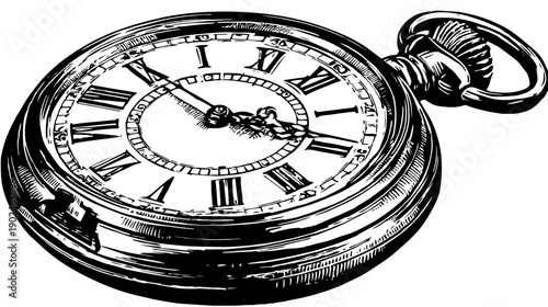 Detailed Vintage Pocket Watch Engraving with Roman Numerals and Elegant Metal Casing - Classic Timepiece Illustration
