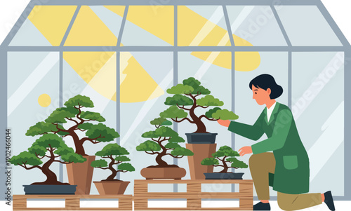 Woman Tending to Bonsai Trees in Greenhouse.