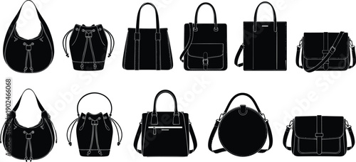 Set of black silhouettes featuring various women fashion handbags purses tote bags and messenger shoulder bags isolated on white background for retail and accessories