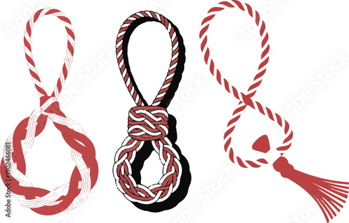 Three Red and white twisted thread Mărțișor pendant  tied into a figure 8 knot 