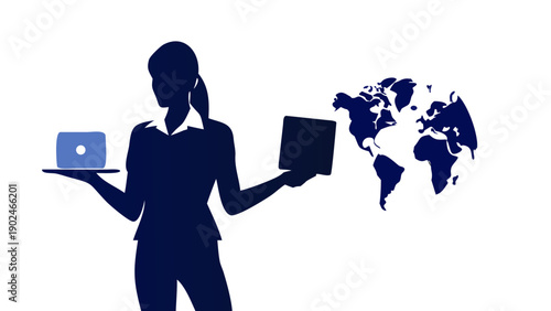 Silhouette of a professional woman holding a laptop in one hand and a delivery package in the other, concept of online retail and global shipping.