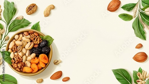Assorted Nuts in a Bowl with Green Leaves on a Light Background for Healthy Snacking and Nutritional Content