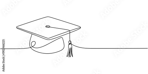One continuous line drawing of graduation cap. Academical graduation hat equipment element icon template concept. Vector black silhouette. with white background