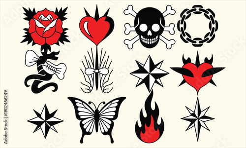 Traditional tattoo flash symbols collection, vintage old school icons hearts skull stars butterfly flame rose, bold black red tattoo designs