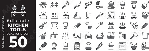 Editable dual tone icon set of kitchen tool icons for cooking baking and food preparation in black and white Vector illustration