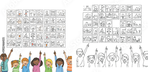 Diverse children pointing at art exhibition, colored and outline version for coloring book, educational vector illustration of school art class