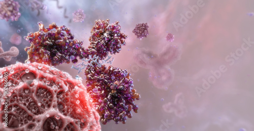 Monoclonal antibody binding viral surface: immune neutralization process in extracellular environment. Immunoglobulin (IgG) Y-shaped protein, molecular interaction. Immunotherapy, antiviral defense