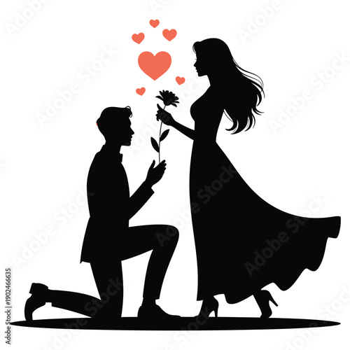 Silhouette man proposes to woman with rose, hearts hover, romantic scene symbolizing love and affection, relationship milestone, proposal illustration