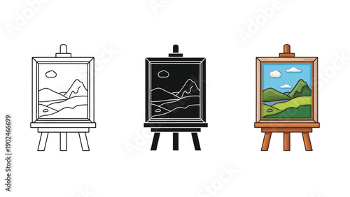 Set of three art easels with paintings, line icon, solid icon and color illustration