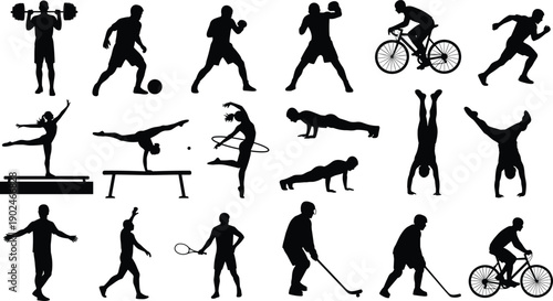 sports fitness silhouettes athletes training exercise workout action movement strength endurance competition activity illustration
