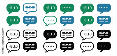 Extensive collection of speech bubble icons with hello text and abstract dash lines for chat applications