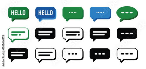Isometric chat bubble icons with hello greetings and typing indicators for modern digital messaging apps set