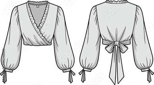 Women wrap blouse technical flat illustration, long sleeve crop top with bow tie back, front and back views isolated vector